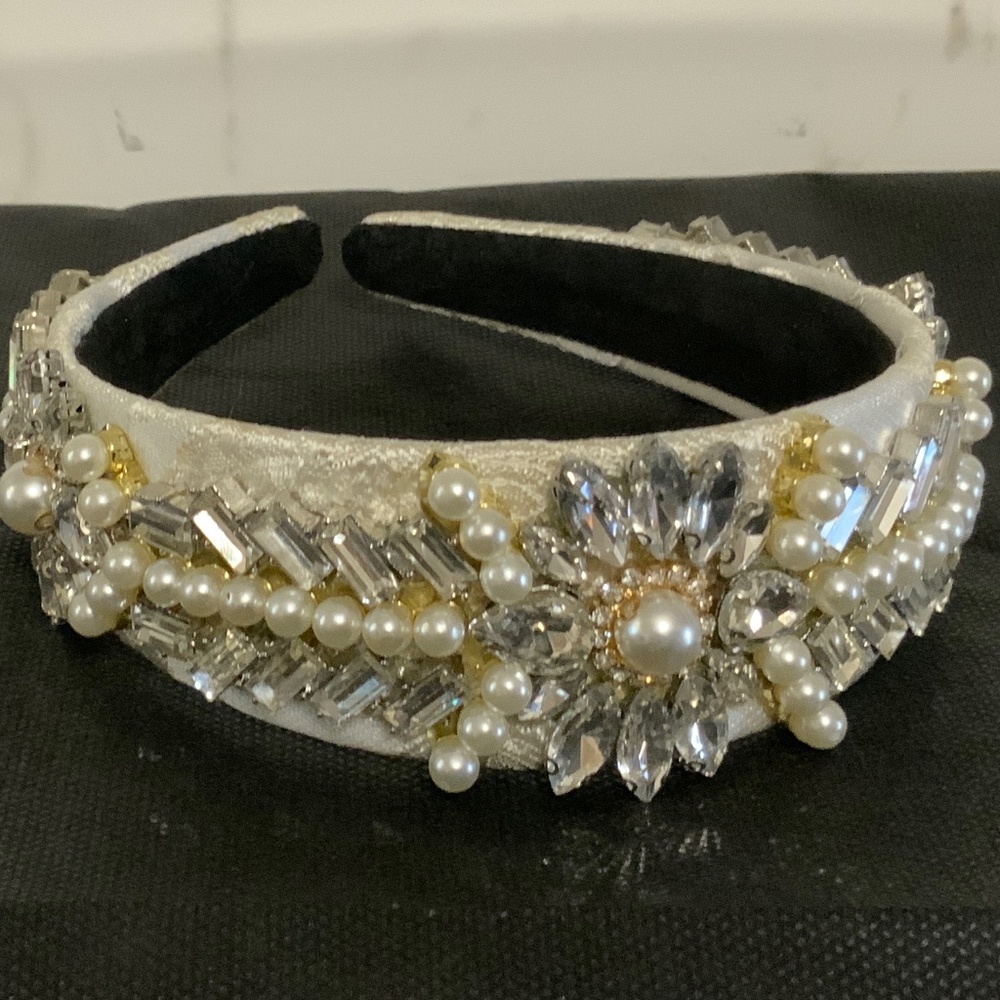 Jeweled headband with cream embroidered fabric, NEW
